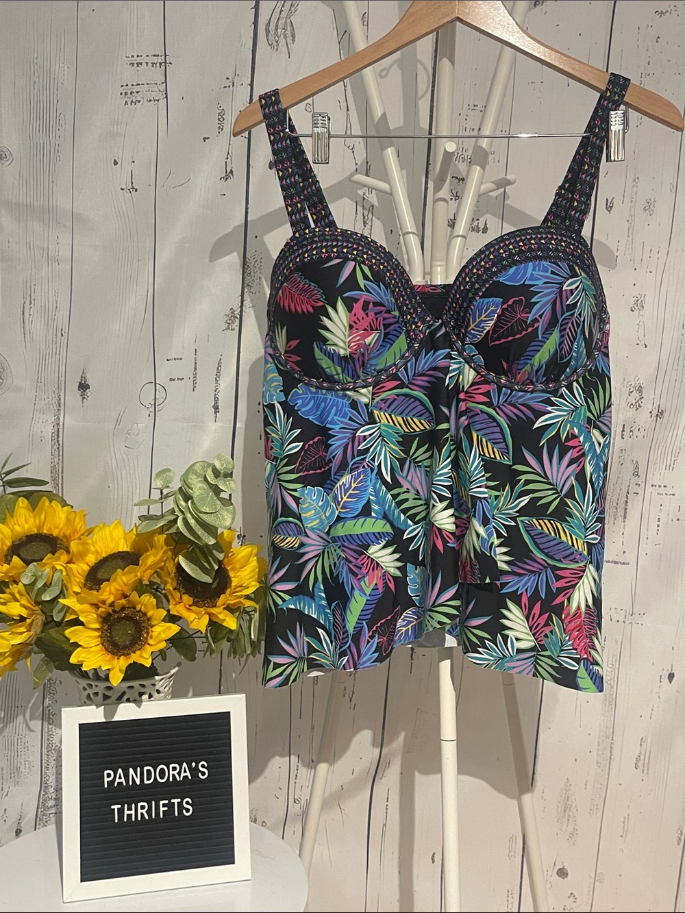 Swimsuits For All Black Tropical Leaf Swim Camisole Size 16 NWOT